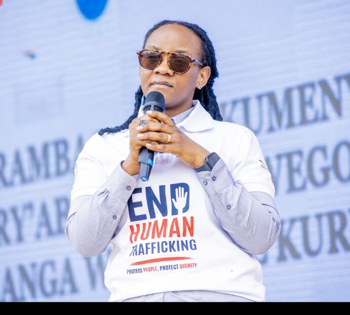 A speaker addressing a community gathering as part of an End Human Trafficking campaign